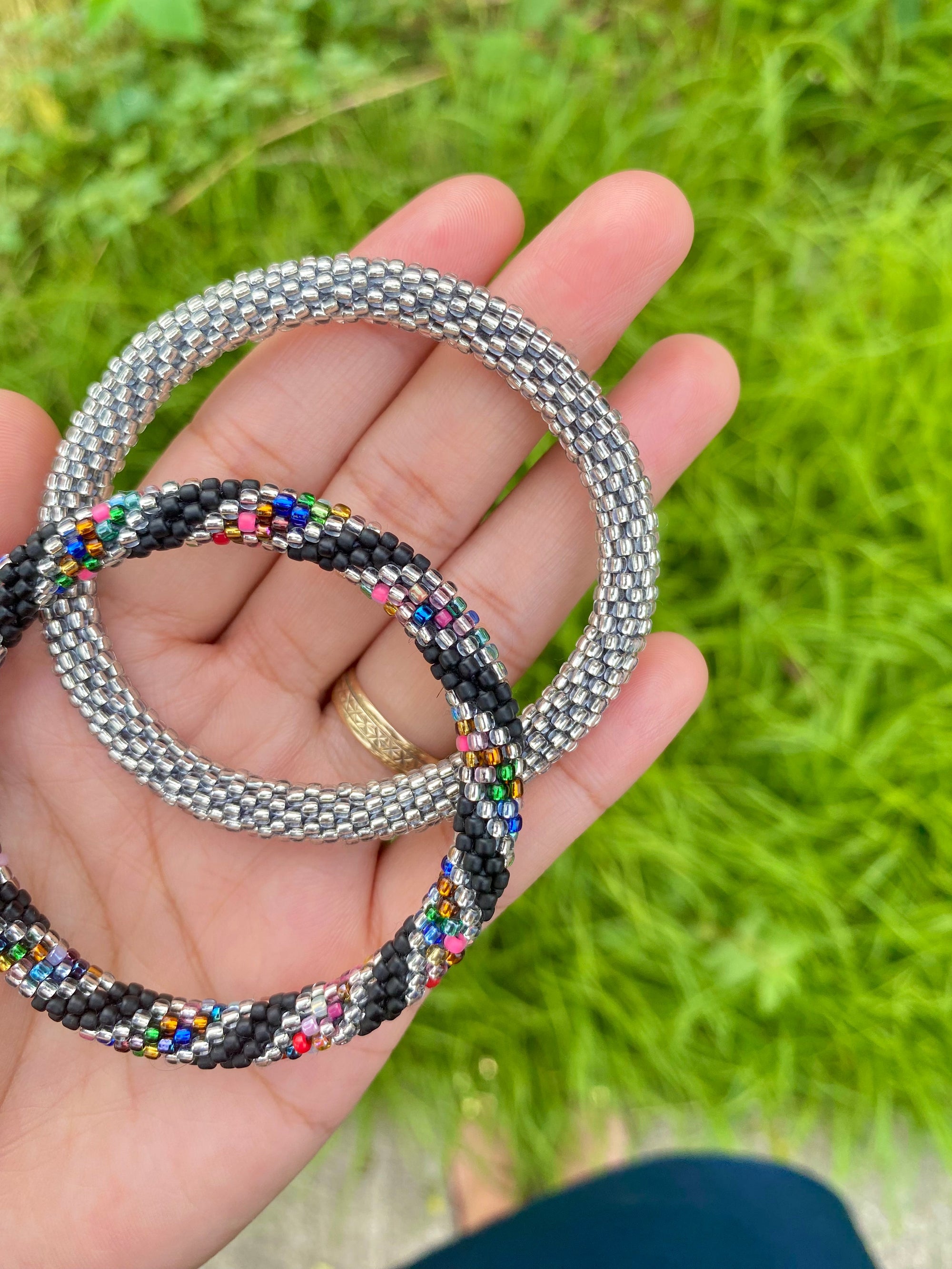 Sashka Co. Glass Bead Bracelet Extended Solid Silver with Black Thread Solid Silver Bracelet - Extended 8" | Glass Bead Bracelet