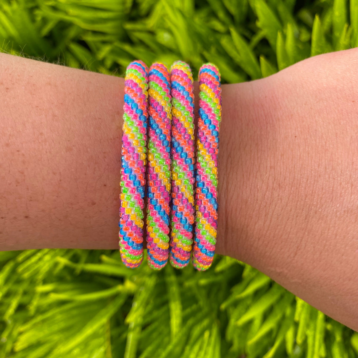 Handmade glass bead bracelet from Nepal, featuring a roll design. Also known as a beaded bracelet, seed bead bracelet, beach glass bracelet, or sea glass bracelet