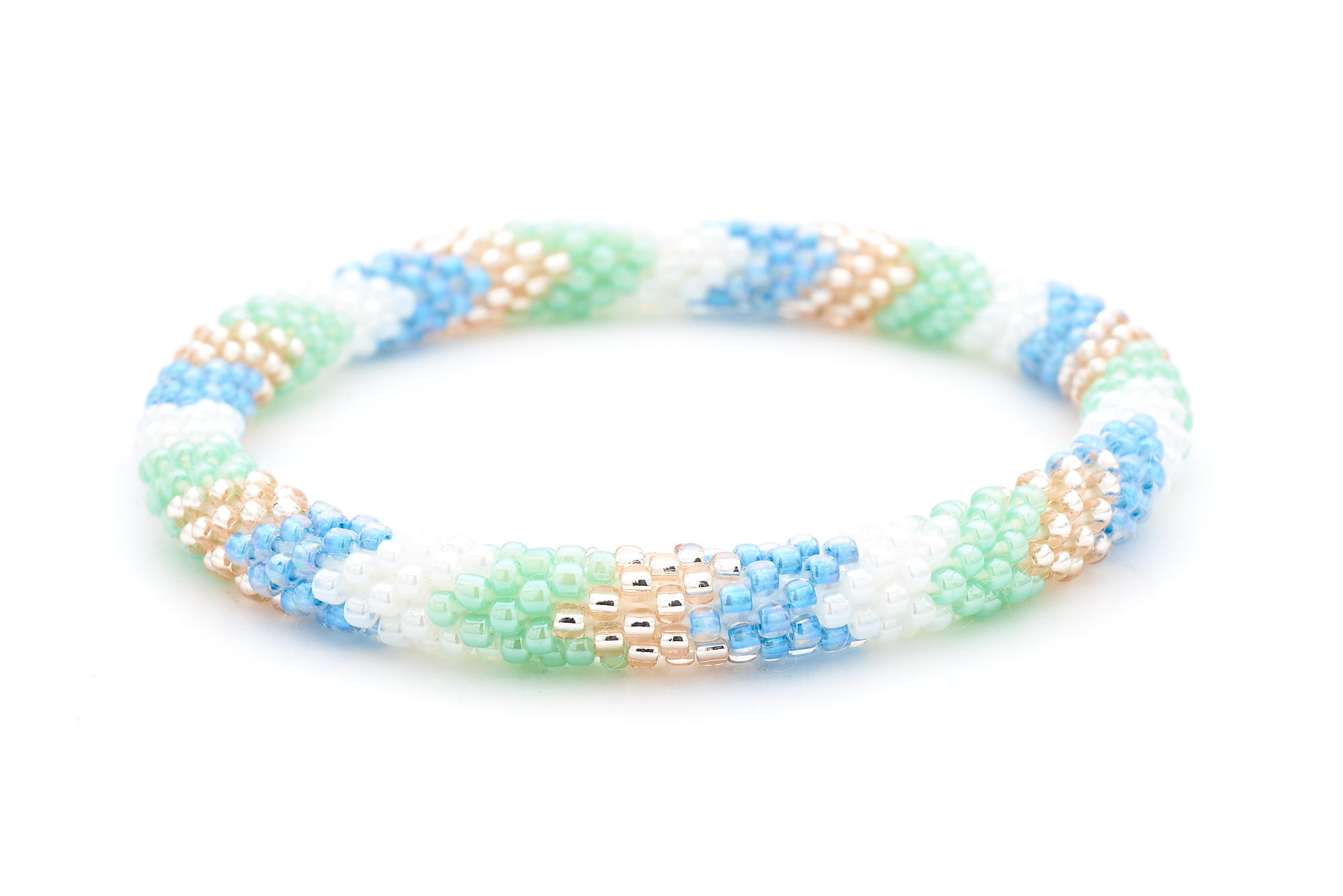 Handmade glass bead bracelet from Nepal, featuring a roll design. Also known as a beaded bracelet, seed bead bracelet, beach glass bracelet, or sea glass bracelet.