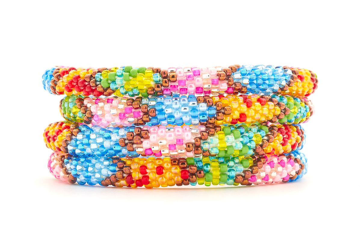 Handmade glass bead bracelet from Nepal, featuring a roll design. Also known as a beaded bracelet, seed bead bracelet, beach glass bracelet, or sea glass bracelet