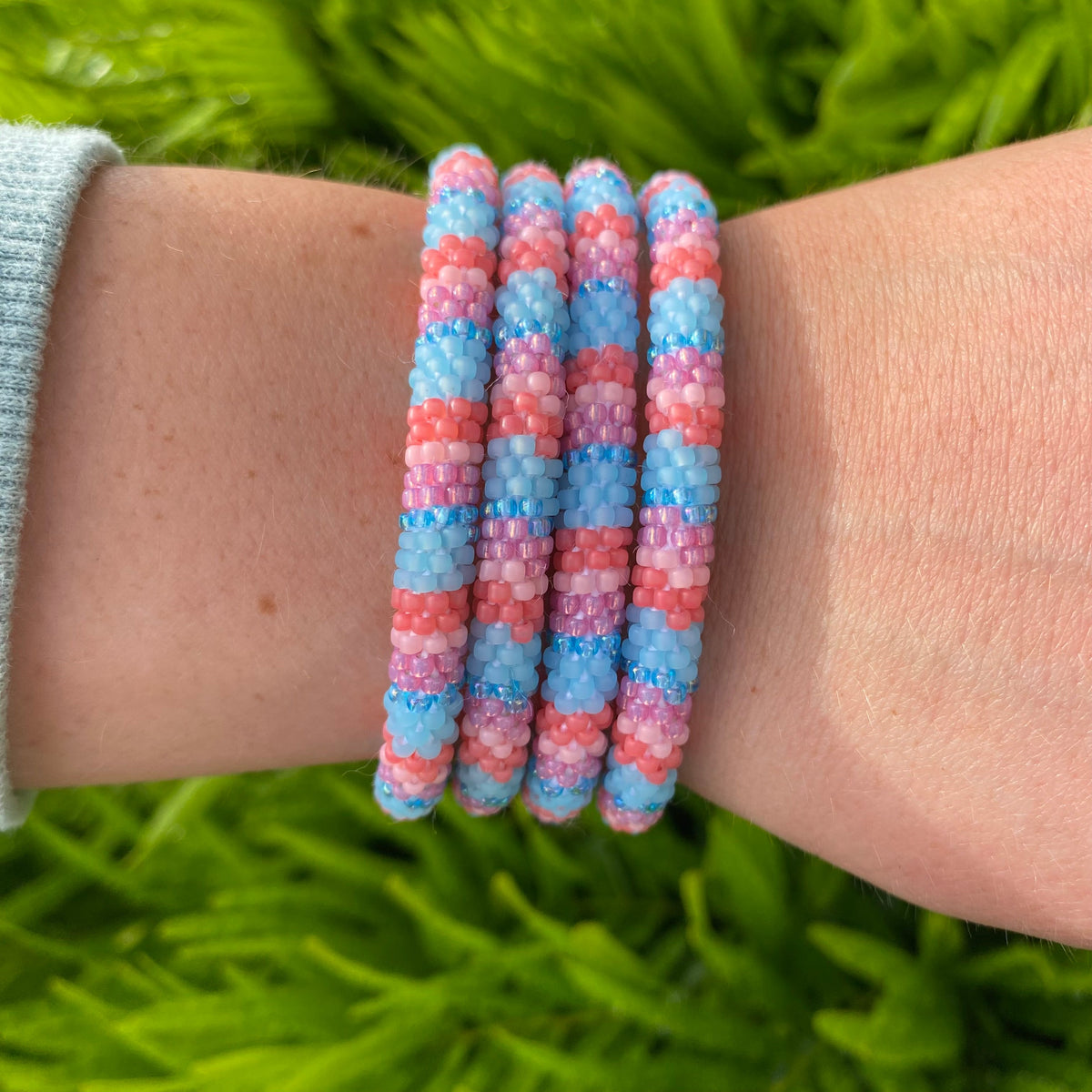 Handmade glass bead bracelet from Nepal, featuring a roll design. Also known as a beaded bracelet, seed bead bracelet, beach glass bracelet, or sea glass bracelet