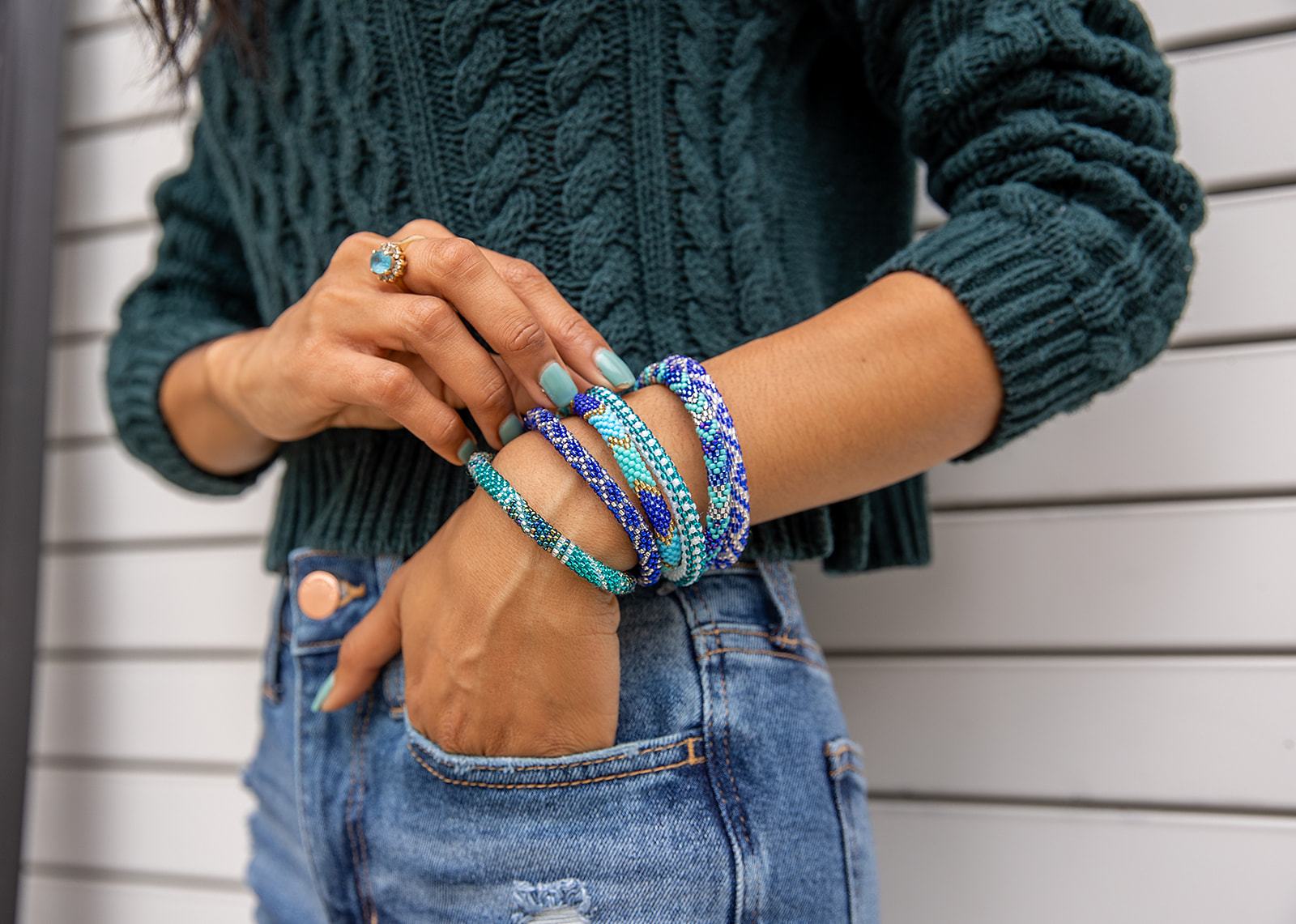 Handmade glass bead bracelet from Nepal, featuring a roll design. Also known as a beaded bracelet, seed bead bracelet, beach glass bracelet, or sea glass bracelet