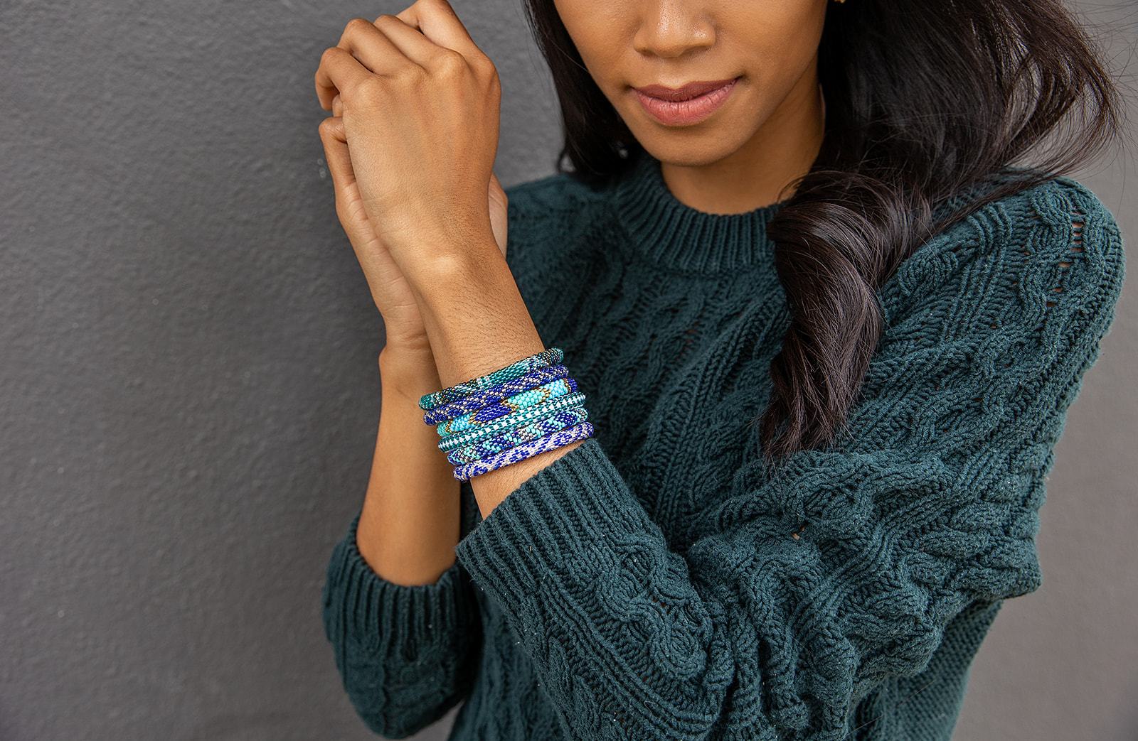 Handmade glass bead bracelet from Nepal, featuring a roll design. Also known as a beaded bracelet, seed bead bracelet, beach glass bracelet, or sea glass bracelet