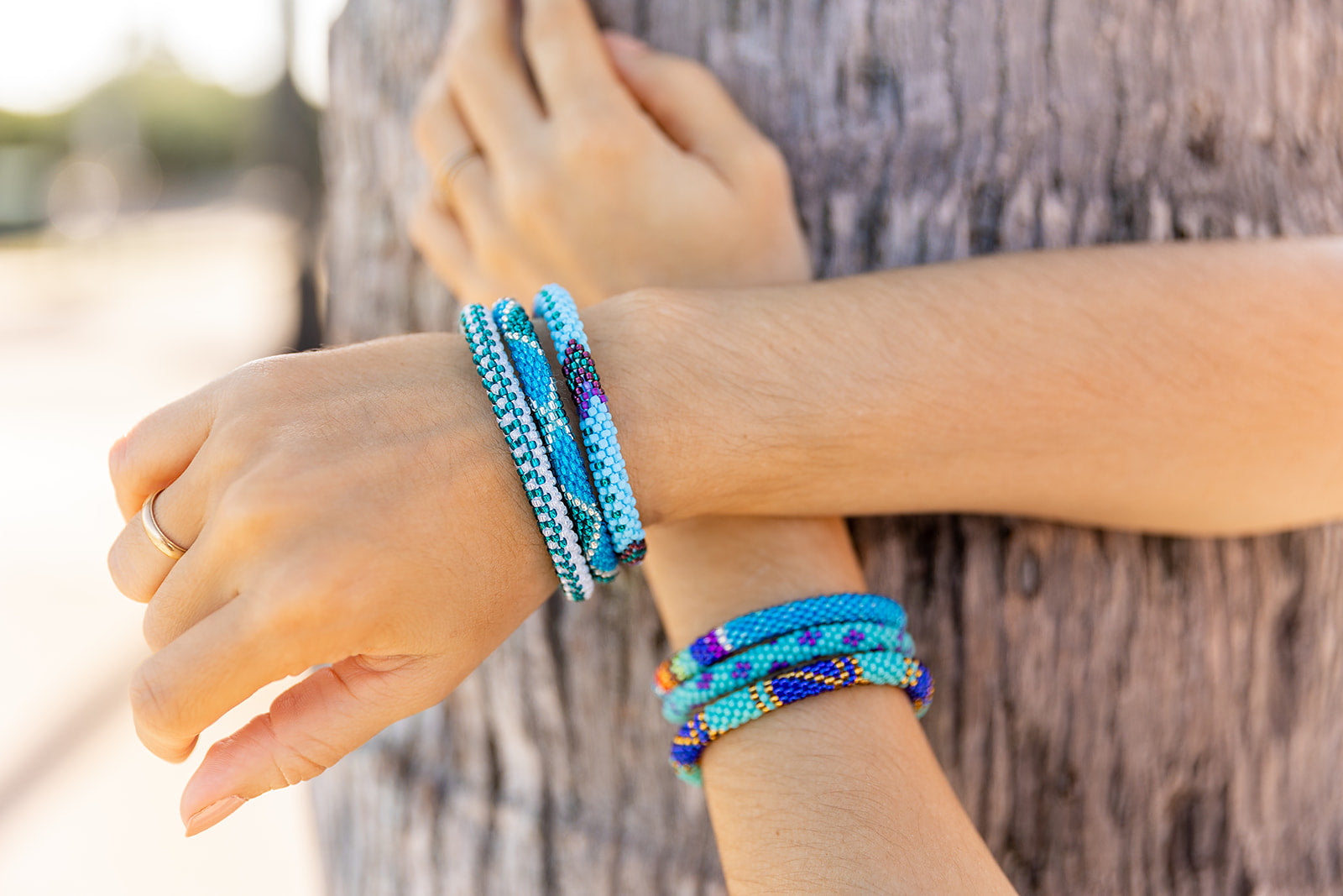 Handmade glass bead bracelet from Nepal, featuring a roll design. Also known as a beaded bracelet, seed bead bracelet, beach glass bracelet, or sea glass bracelet