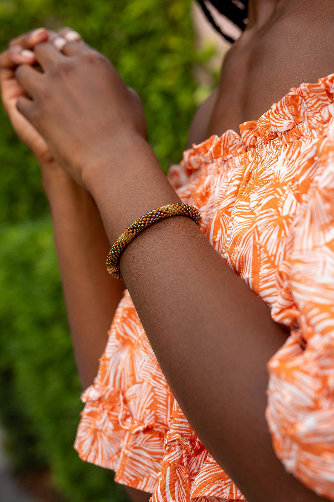 Handmade glass bead bracelet from Nepal, featuring a roll design. Also known as a beaded bracelet, seed bead bracelet, beach glass bracelet, or sea glass bracelet