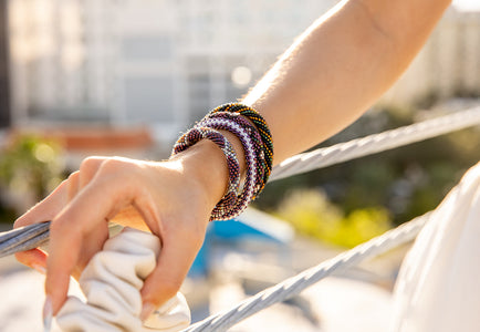 Handmade glass bead bracelet from Nepal, featuring a roll design. Also known as a beaded bracelet, seed bead bracelet, beach glass bracelet, or sea glass bracelet