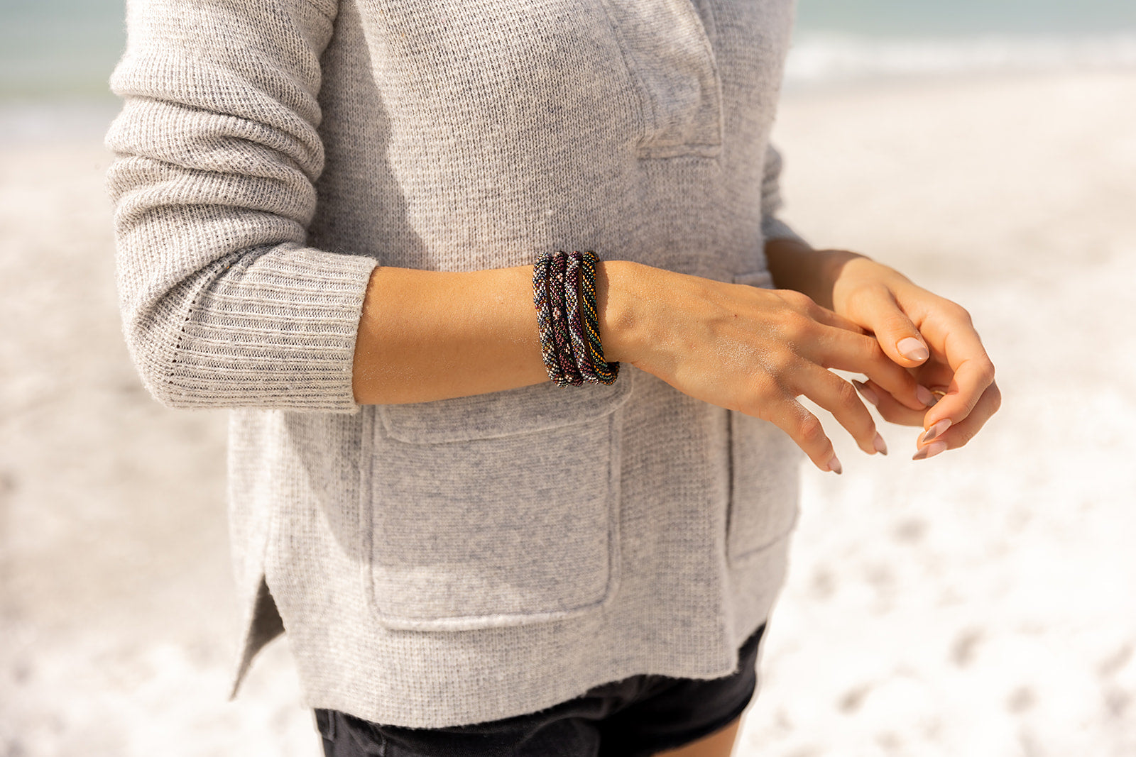 Handmade glass bead bracelet from Nepal, featuring a roll design. Also known as a beaded bracelet, seed bead bracelet, beach glass bracelet, or sea glass bracelet