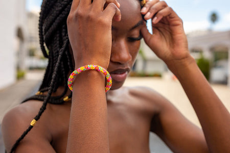 Handmade glass bead bracelet from Nepal, featuring a roll design. Also known as a beaded bracelet, seed bead bracelet, beach glass bracelet, or sea glass bracelet