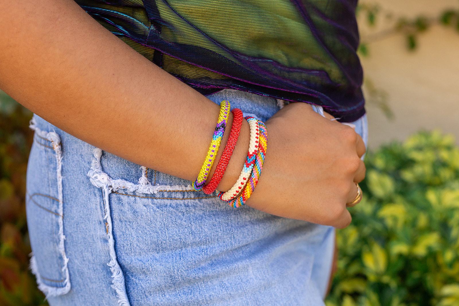 Handmade glass bead bracelet from Nepal, featuring a roll design. Also known as a beaded bracelet, seed bead bracelet, beach glass bracelet, or sea glass bracelet