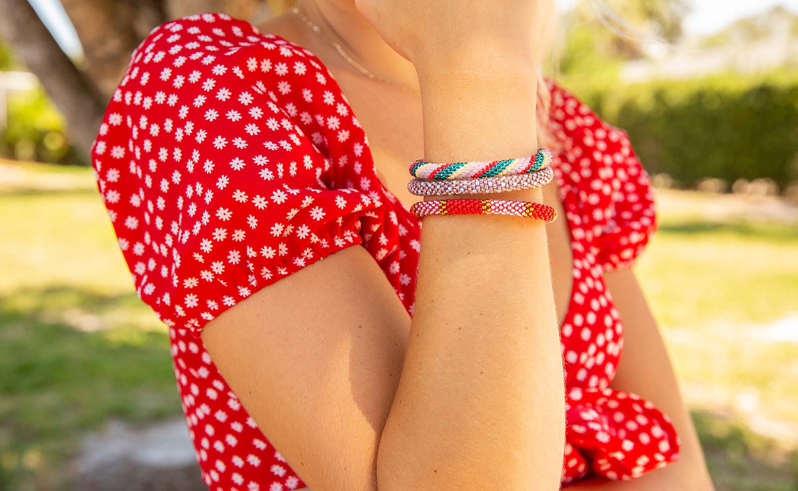 Handmade glass bead bracelet from Nepal, featuring a roll design. Also known as a beaded bracelet, seed bead bracelet, beach glass bracelet, or sea glass bracelet