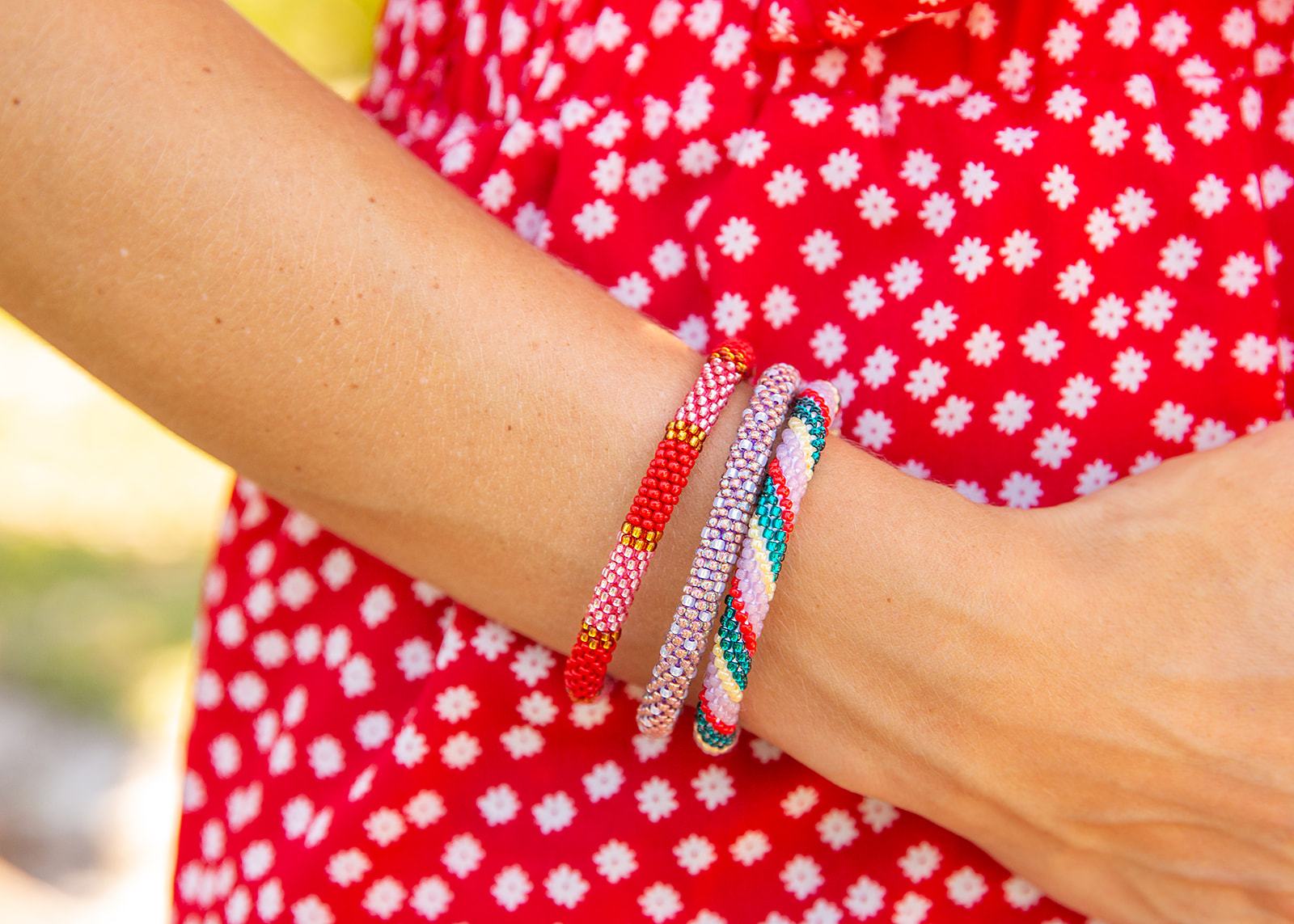 Handmade glass bead bracelet from Nepal, featuring a roll design. Also known as a beaded bracelet, seed bead bracelet, beach glass bracelet, or sea glass bracelet