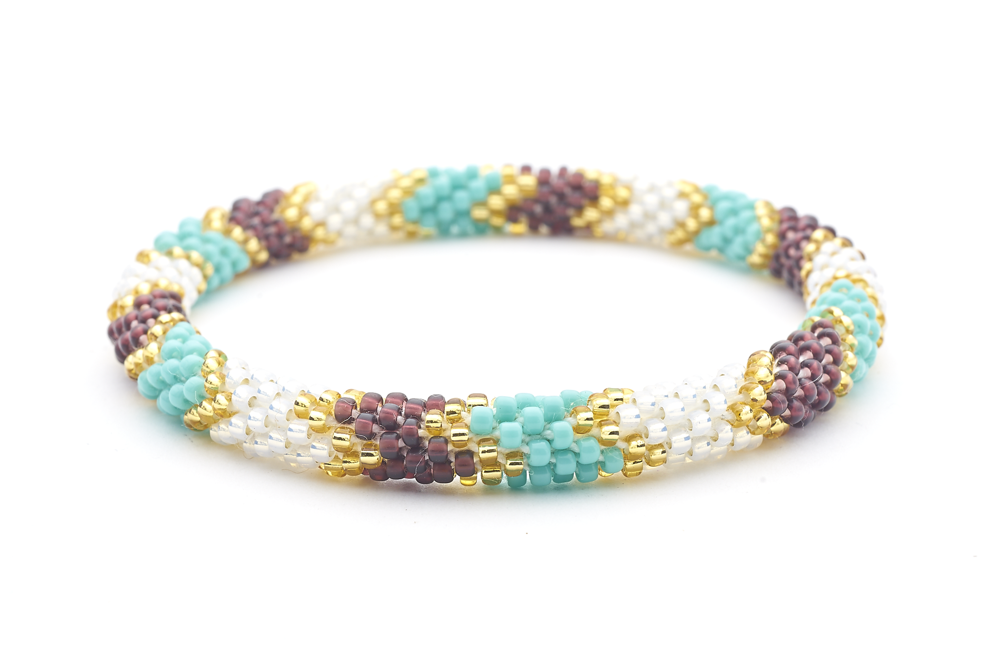 Handmade glass bead bracelet from Nepal, featuring a roll design. Also known as a beaded bracelet, seed bead bracelet, beach glass bracelet, or sea glass bracelet