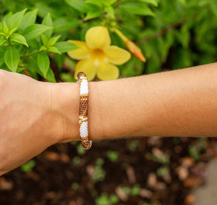 Handmade glass bead bracelet from Nepal, featuring a roll design. Also known as a beaded bracelet, seed bead bracelet, beach glass bracelet, or sea glass bracelet