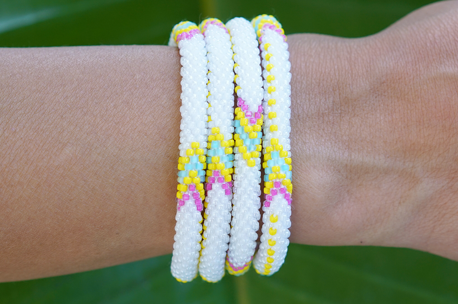 Handmade glass bead bracelet from Nepal, featuring a roll design. Also known as a beaded bracelet, seed bead bracelet, beach glass bracelet, or sea glass bracelet.