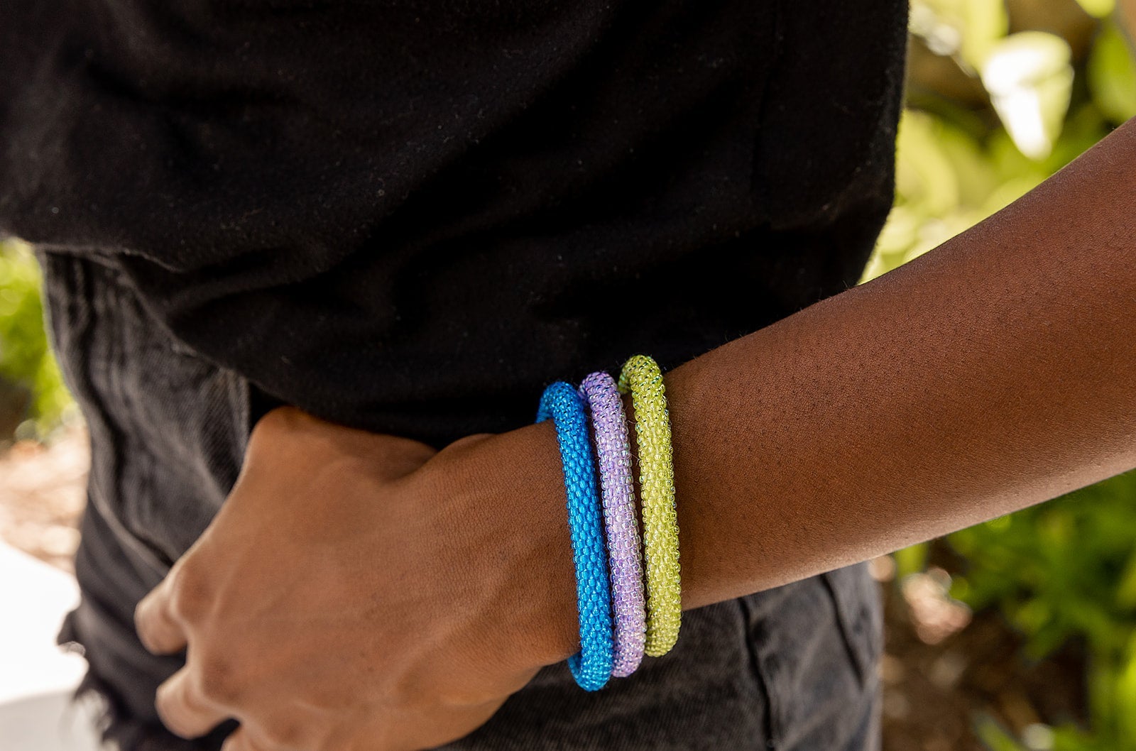 Handmade glass bead bracelet from Nepal, featuring a roll design. Also known as a beaded bracelet, seed bead bracelet, beach glass bracelet, or sea glass bracelet