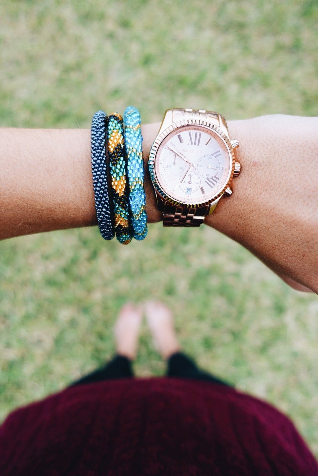 Handmade glass bead bracelet from Nepal, featuring a roll design. Also known as a beaded bracelet, seed bead bracelet, beach glass bracelet, or sea glass bracelet.