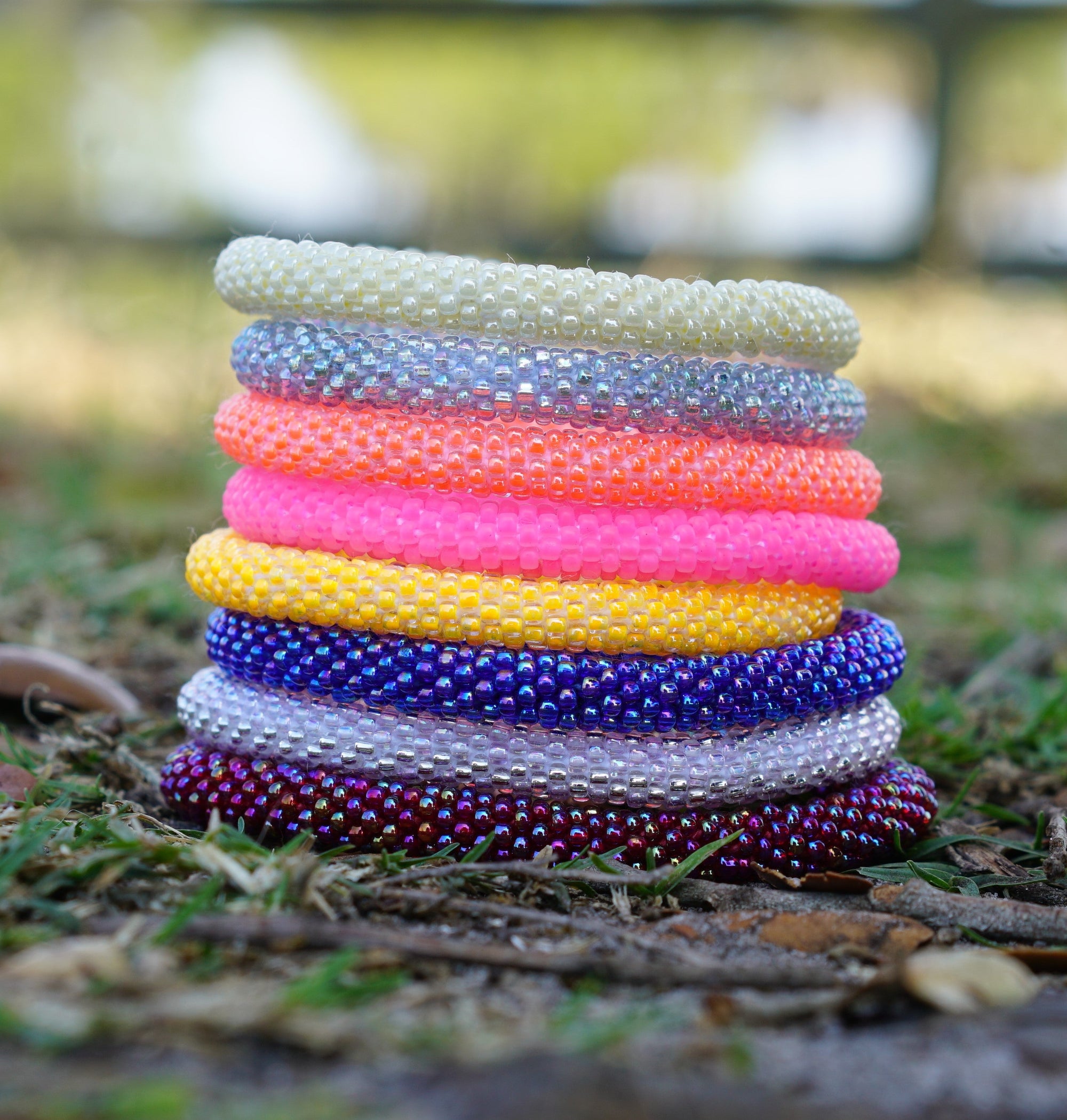 Handmade glass bead bracelet from Nepal, featuring a roll design. Also known as a beaded bracelet, seed bead bracelet, beach glass bracelet, or sea glass bracelet